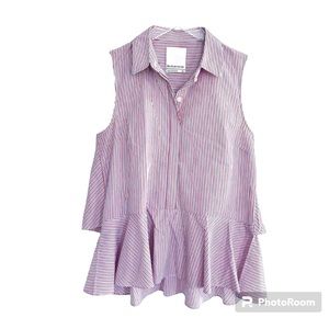 Red, white & blue micro-striped peplum blouse